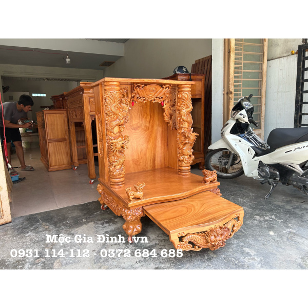 Bàn thờ Thần Tài Gõ Đỏ Rồng Mây 88*81*118 mặt 3cm hiện đại