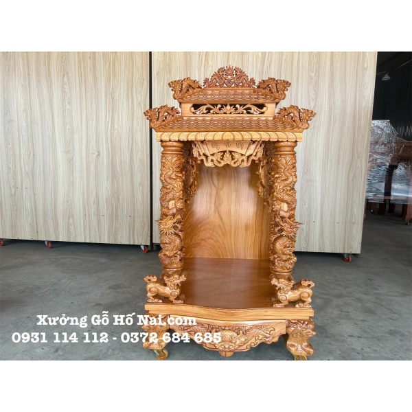 Bàn Thờ Thần Tài Thổ Địa Gõ Đỏ Mái Ngói 68x68x134