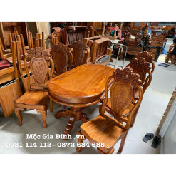 Bàn ăn Gõ Oval 6 ghế mặt dày