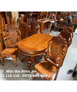 Bàn ăn Gõ Oval 6 ghế mặt dày