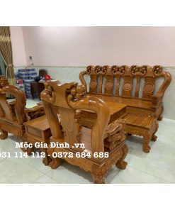Bộ bàn ghế Gõ Đào Băng dài 4 tựa tay 12 Nghê nguyên khối