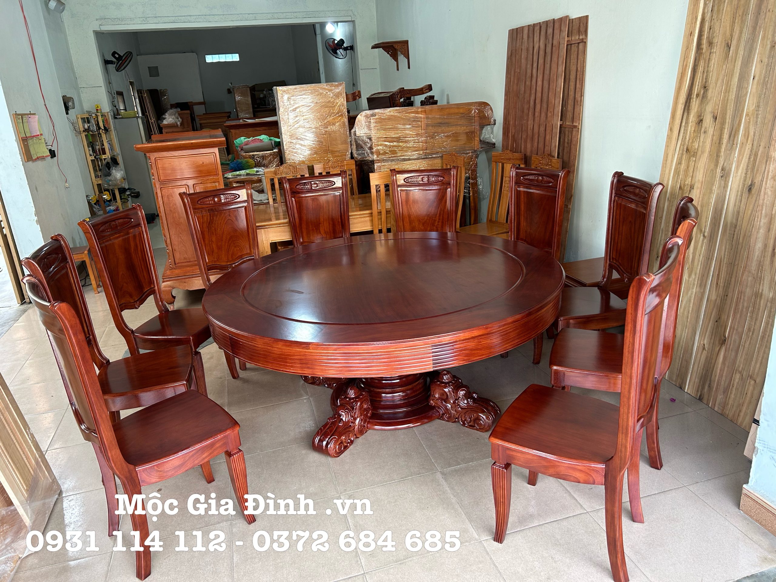 Bàn họp - Bàn Tròn Hoàng Gia 10 ghế Gõ Đỏ cao cấp