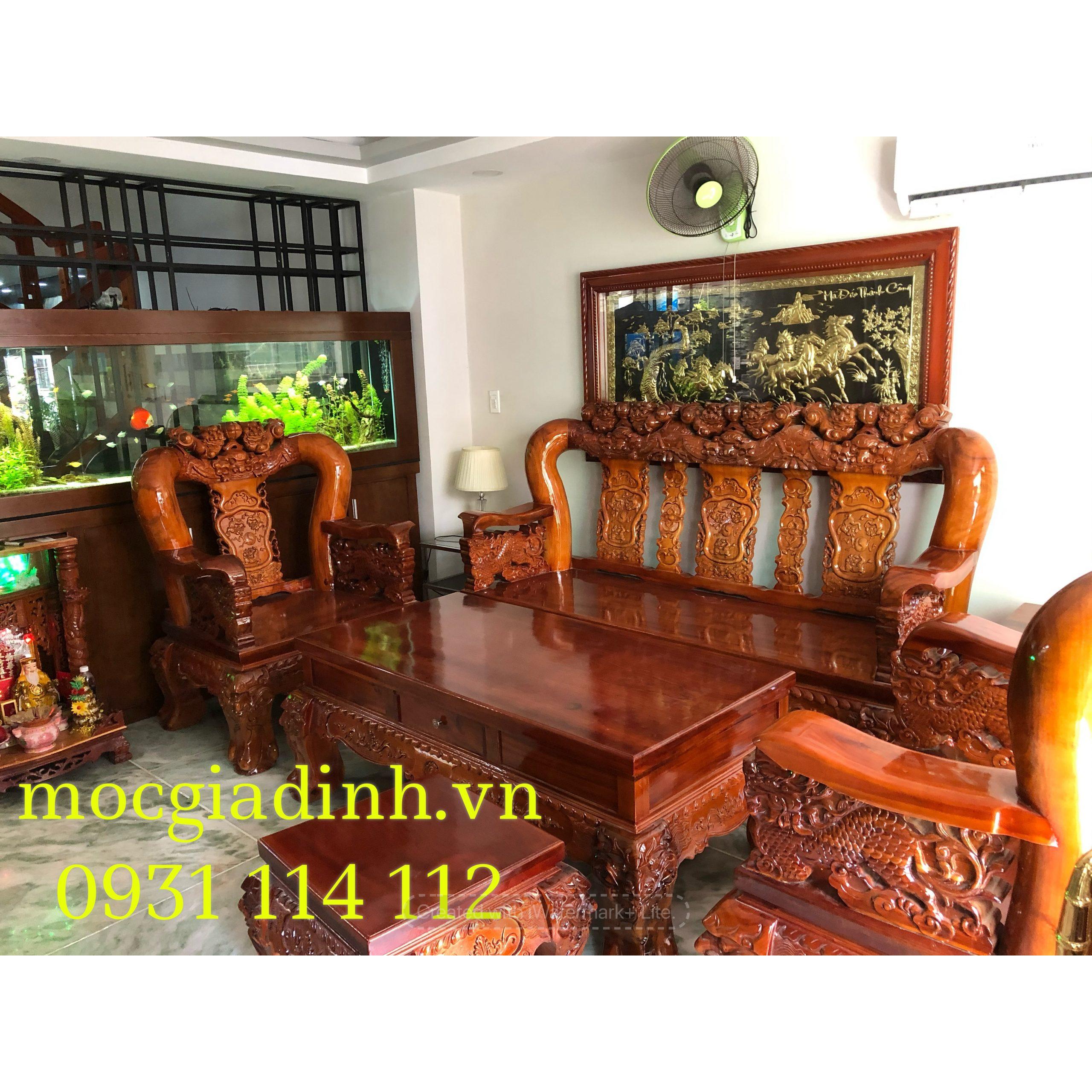 Bàn ghế gỗ Tràm Rừng Lân Cầu tay Nghê trụ 16