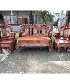 Bàn ghế gỗ Tràm Rừng Lân Cầu Nghê nguyên khối tay 14