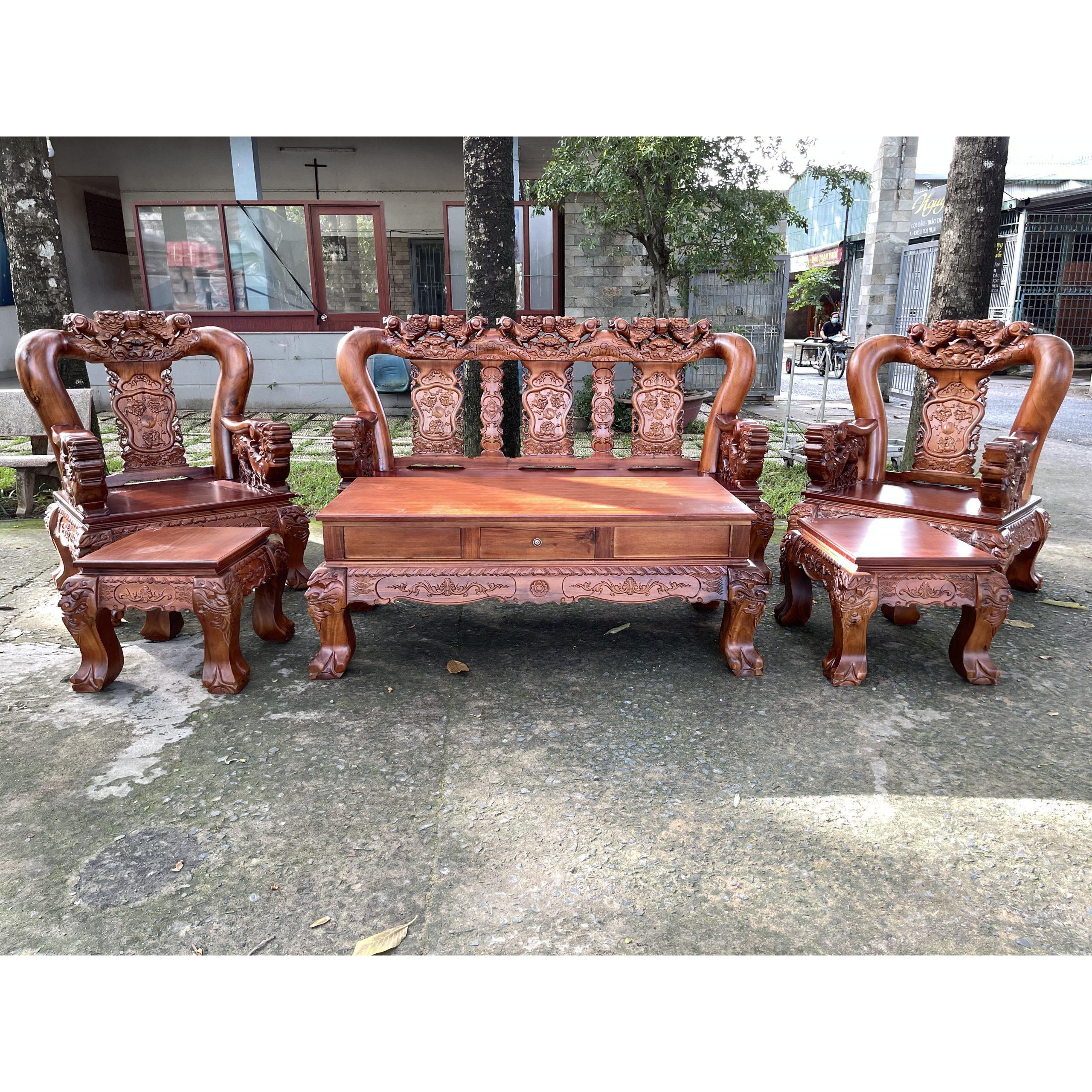 Bàn ghế gỗ Tràm Rừng Lân Cầu Nghê nguyên khối tay 14