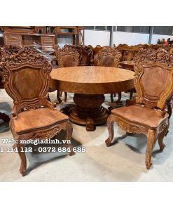 Bàn ăn gõ đỏ mặt nguyên khối Louis