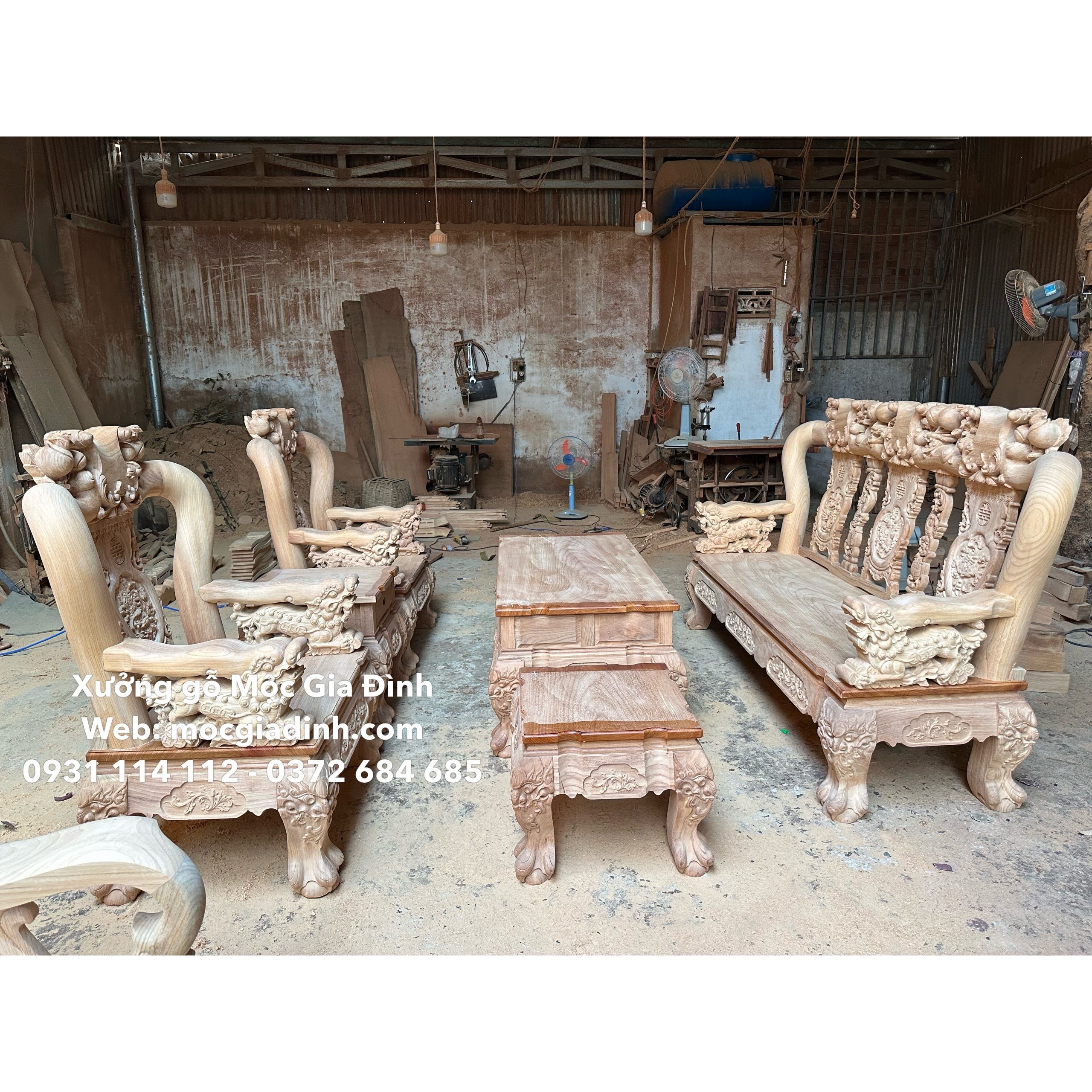 Bộ bàn ghế Gõ Đỏ Minh Quốc Đào Chim tay 12 dáng 14 Nghê Khối