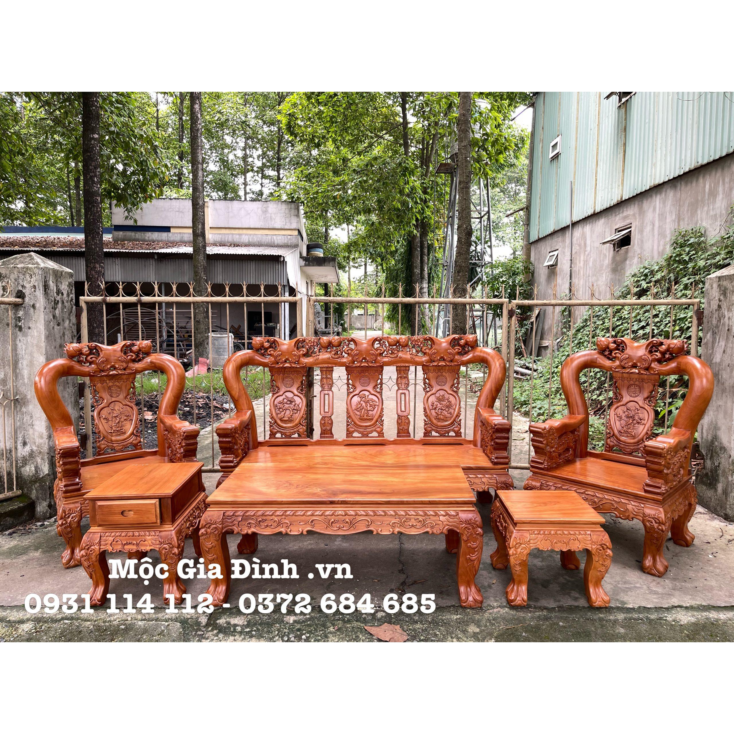 Bộ bàn ghế Gõ Minh Quốc Đào tay Nghê nguyên khối 12