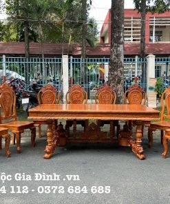 Bàn ăn Gõ Chữ Nhật chân Sư Tử 8 ghế mặt 1.8cm