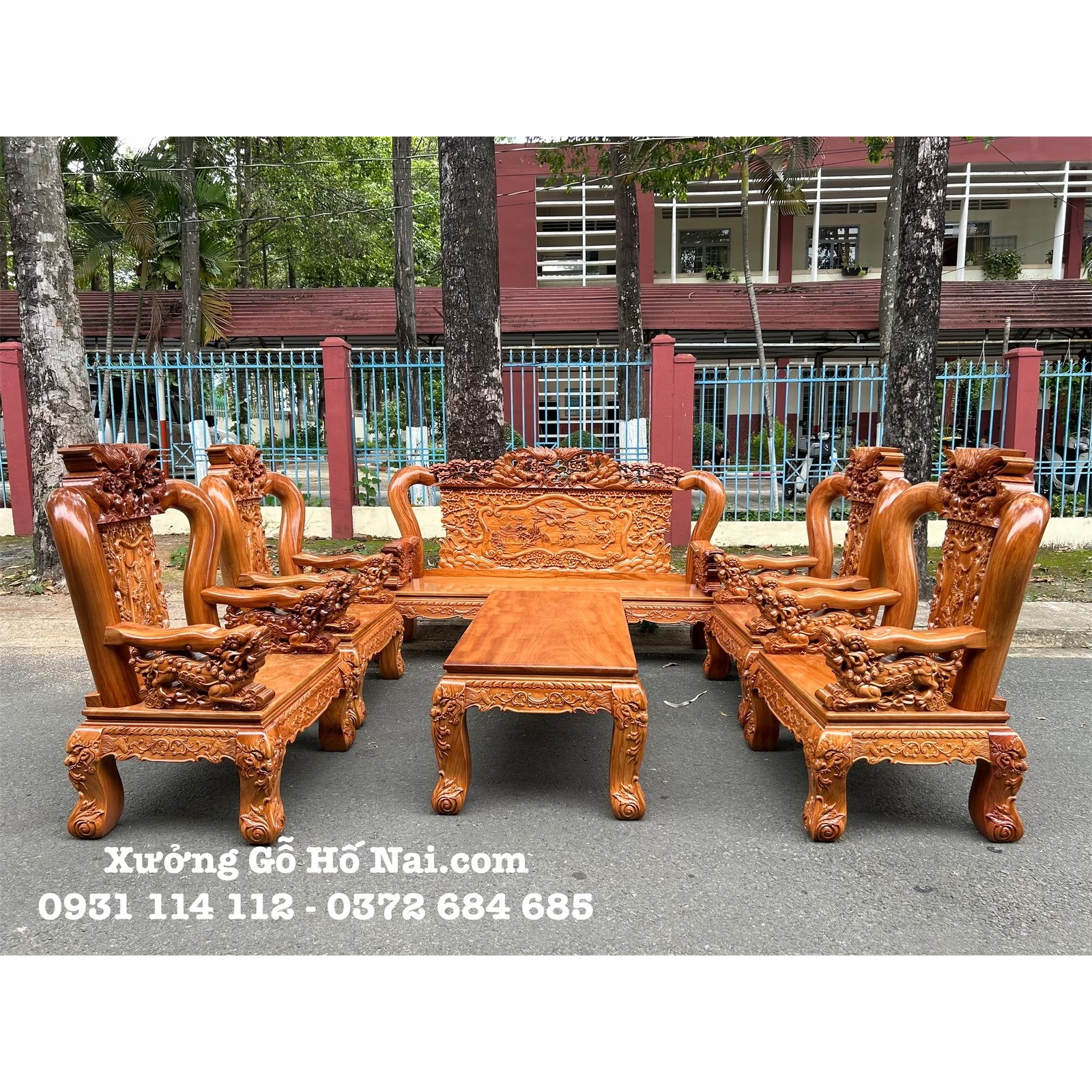 Bộ bàn ghế Gõ Anh Hùng Tương Ngộ tay nghê nguyên khối 12 (8 món)