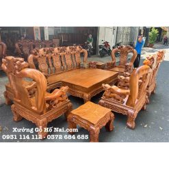 Bộ bàn ghế Gõ Minh Quốc Đào Chim Tựa Trơn Tay Nghê Khối 14 (10 món)