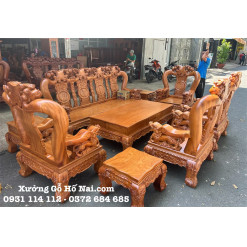 Bộ bàn ghế Gõ Minh Quốc Đào Chim Tựa Trơn Tay Nghê Khối 14 (10 món)