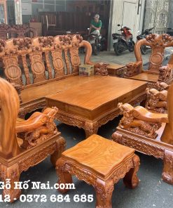 Bộ bàn ghế Gõ Minh Quốc Đào Chim Tựa Trơn Tay Nghê Khối 14 (10 món)