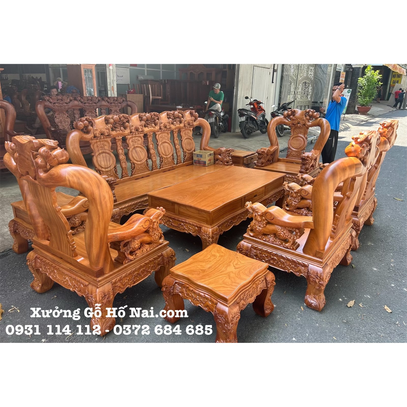 Bộ bàn ghế Gõ Minh Quốc Đào Chim Tựa Trơn Tay Nghê Khối 14 (10 món)