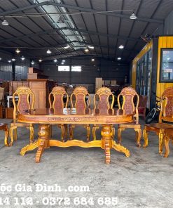Bàn ăn tràm oval trơn 8 ghế
