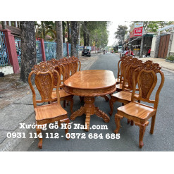 Bàn ăn Gõ oval 8 ghế mặt dày 18B04