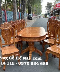 Bàn ăn Gõ oval 8 ghế mặt dày 18B04