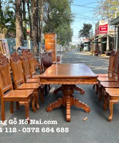 Bàn ăn Gõ Chữ Nhật 8 Ghế Tựa Lớn